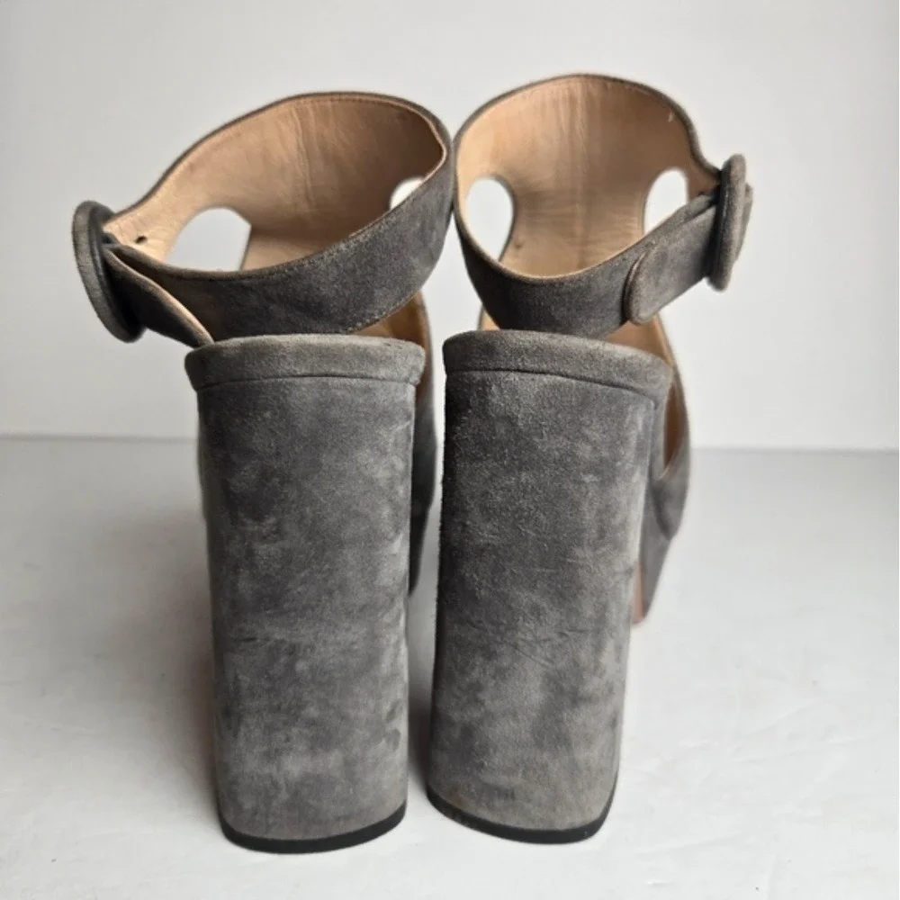 Prada Women's 6.5 Gray Suede Slingback Leather Chunky Heel Platform Sandal Heels